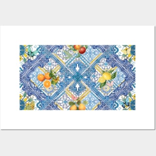 Mediterranean blue tiles, Italian citrus fruit, oranges and lemons Posters and Art